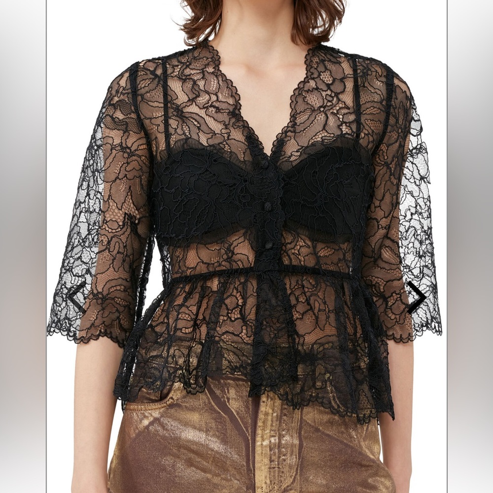 GANNI LIGHT LACE V-NECK BLOUSE